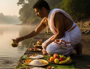 A serene riverside ritual with priest pouring water beside offerings of fruits, sweets, and rice.