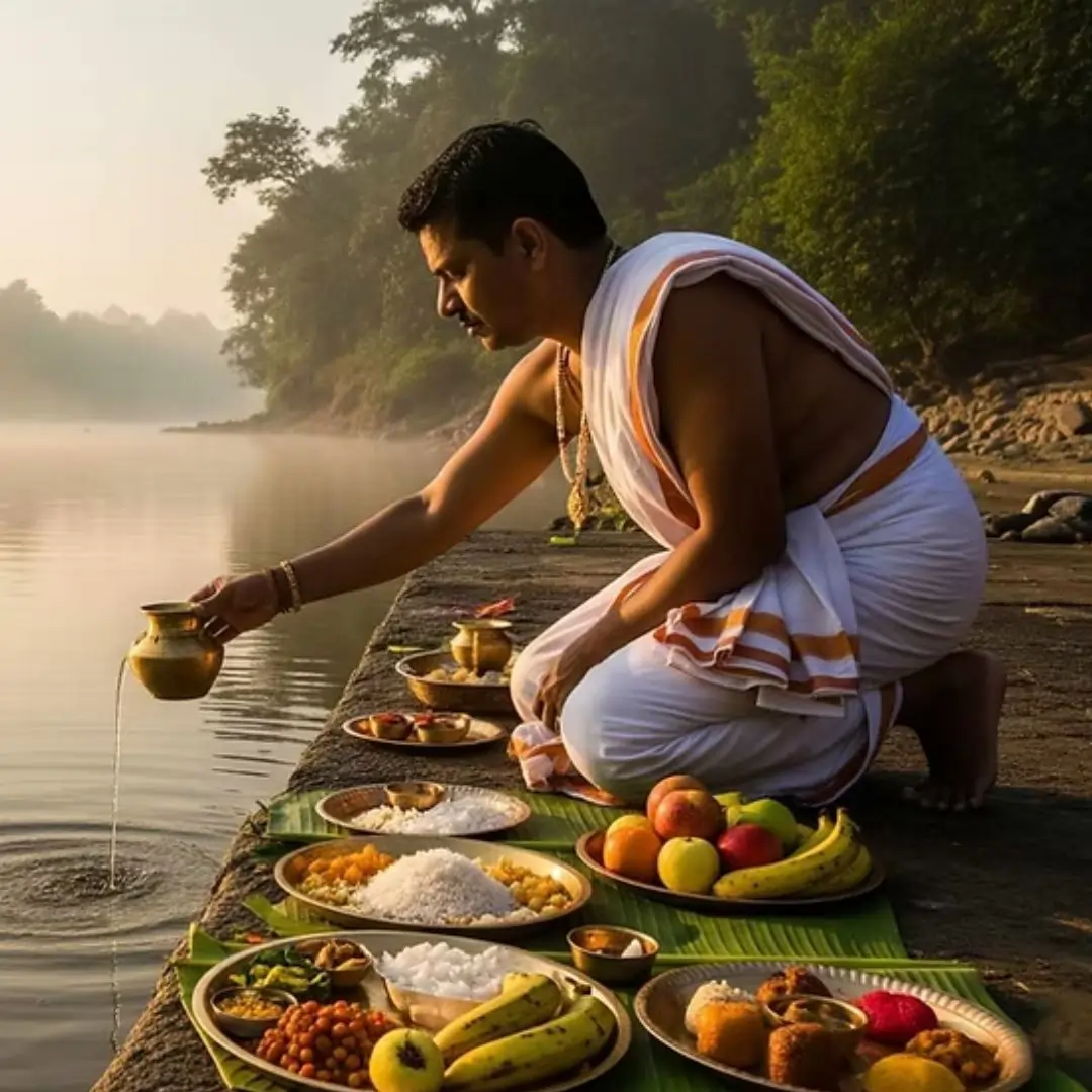 A serene riverside ritual with priest pouring water beside offerings of fruits, sweets, and rice.