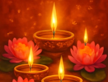 Four glowing oil lamps amid pink lotuses on warm background, text reads “Deepawali Lakshmi Puja.”