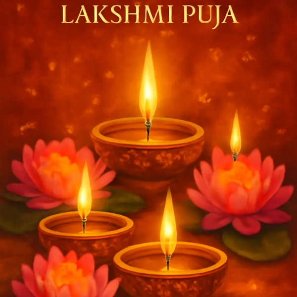 Four glowing oil lamps amid pink lotuses on warm background, text reads “Deepawali Lakshmi Puja.”