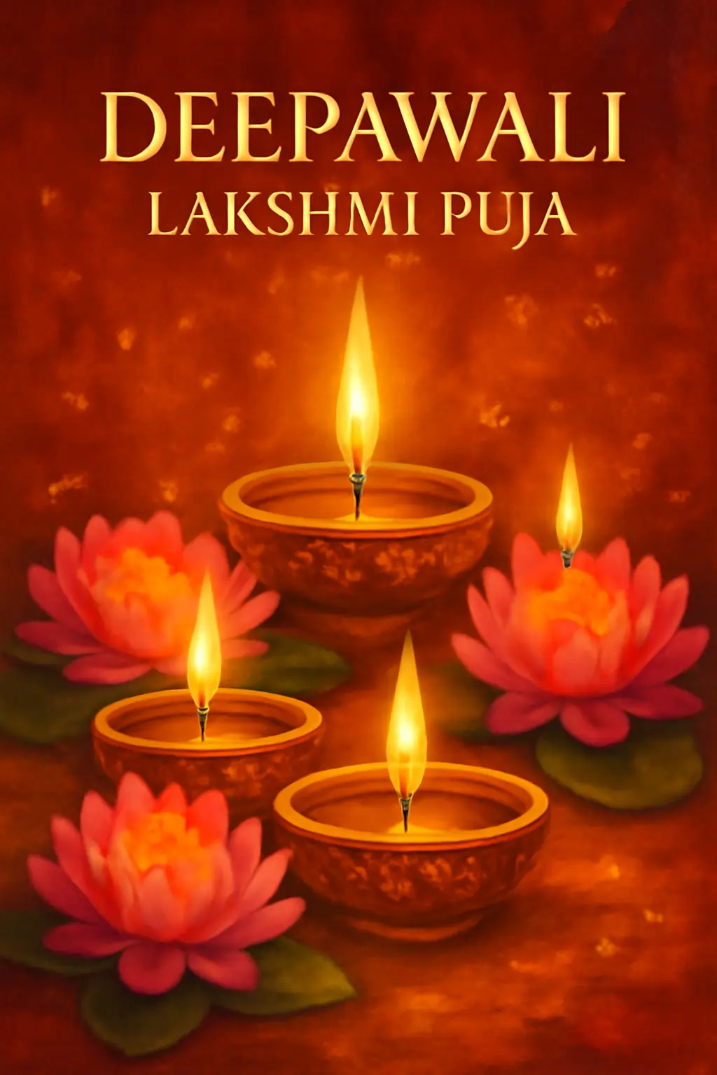 Four glowing oil lamps amid pink lotuses on warm background, text reads “Deepawali Lakshmi Puja.”