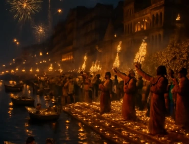 Golden “Happy Dev Diwali” lettering with diyas, colorful buntings, fireworks, gifts, and festive motifs on a deep purple background celebrating divine lights.