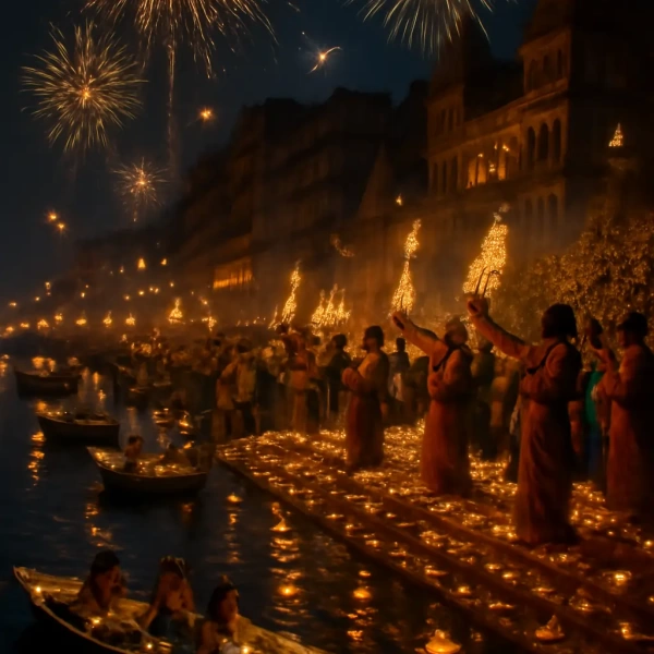 Golden “Happy Dev Diwali” lettering with diyas, colorful buntings, fireworks, gifts, and festive motifs on a deep purple background celebrating divine lights.