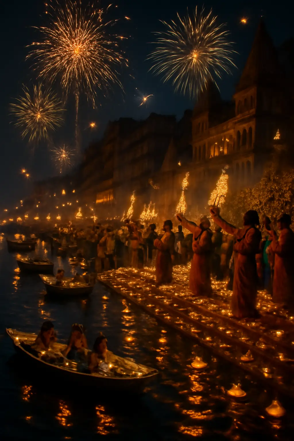 Golden “Happy Dev Diwali” lettering with diyas, colorful buntings, fireworks, gifts, and festive motifs on a deep purple background celebrating divine lights.