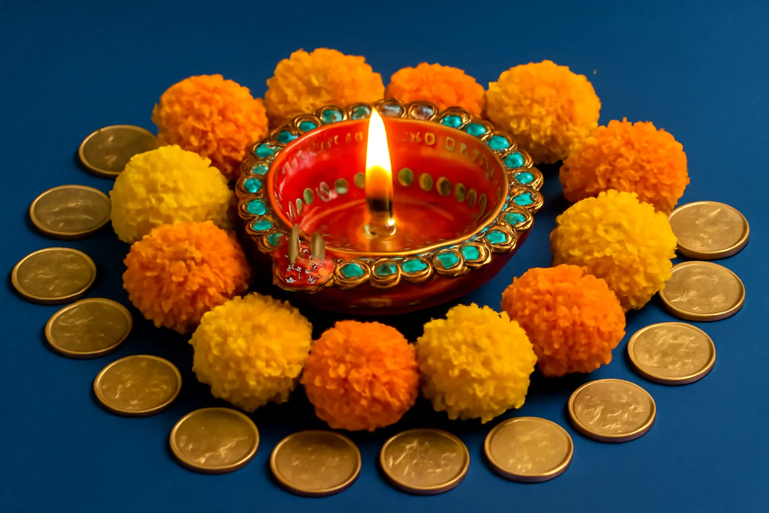 Lit red diya surrounded by turquoise-studded rim, marigold pom-poms, and arranged coins symbolizing Dhanteras prosperity.