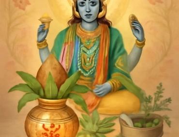 Dhanvantari seated with halo, kalash, herbs, diya, Ayurvedic texts and offerings symbolizing healing.