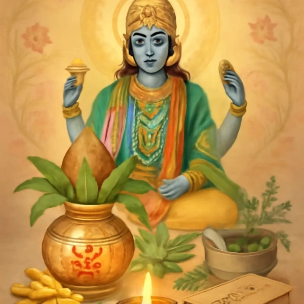 Dhanvantari seated with halo, kalash, herbs, diya, Ayurvedic texts and offerings symbolizing healing.