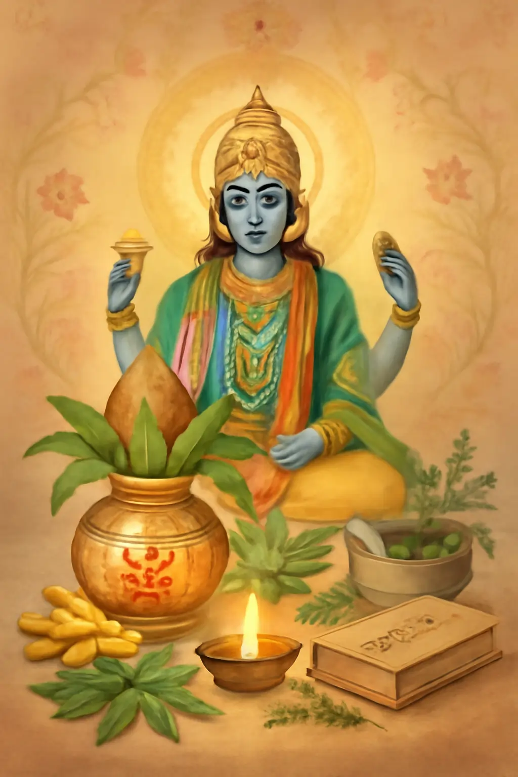 Dhanvantari seated with halo, kalash, herbs, diya, Ayurvedic texts and offerings symbolizing healing.