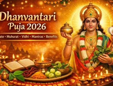 Lord Dhanvantari with Amrit Kalash during Dhanvantari Puja 2026 with puja setup, herbs and diyas