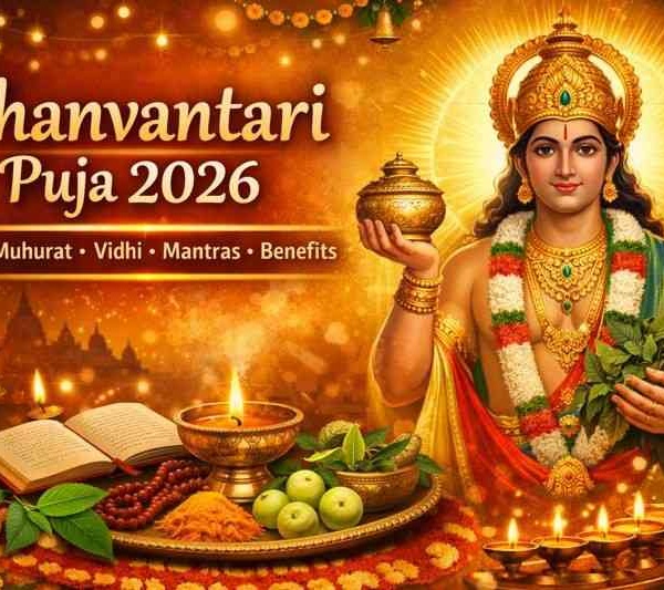 Lord Dhanvantari with Amrit Kalash during Dhanvantari Puja 2026 with puja setup, herbs and diyas