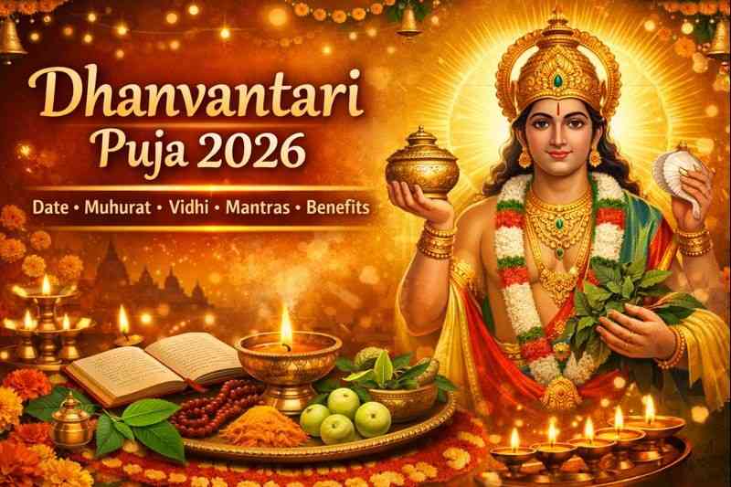 Lord Dhanvantari with Amrit Kalash during Dhanvantari Puja 2026 with puja setup, herbs and diyas