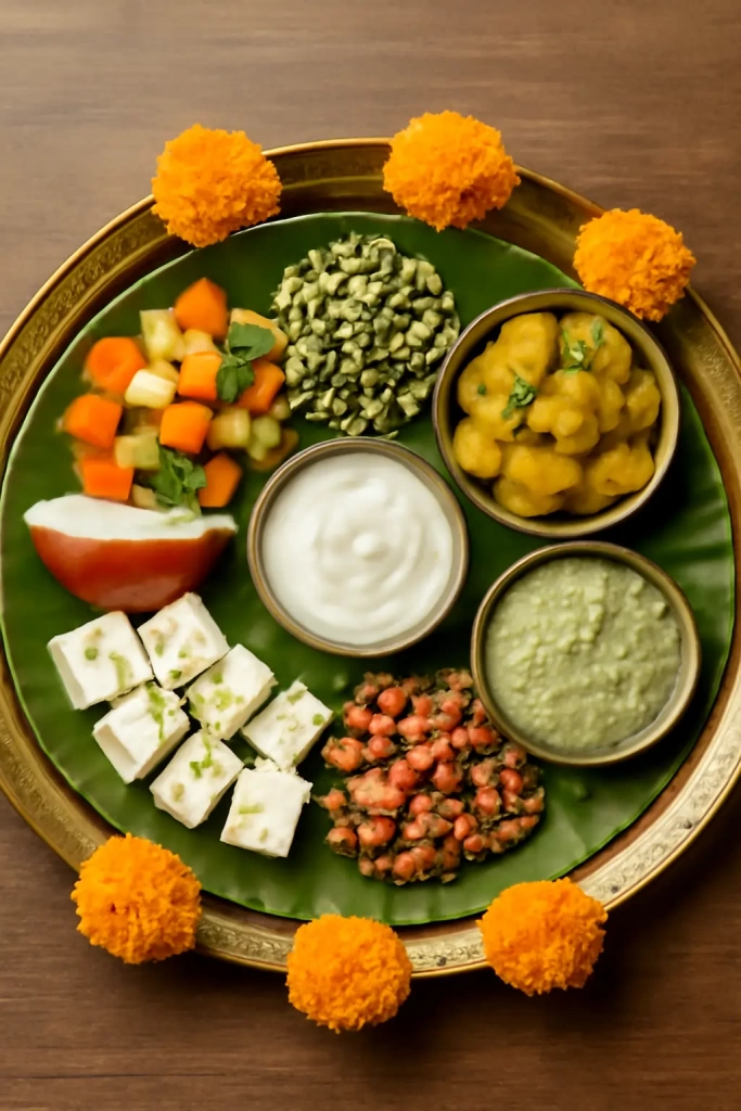 Diabetic-friendly Ekadashi fasting plate with fruits, vegetables, nuts, yogurt, and samak rice