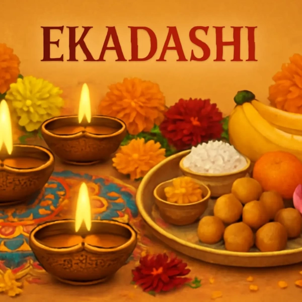 Brass diyas glow beside flowers and prasad plate with bananas, laddus, sabudana, lotus.