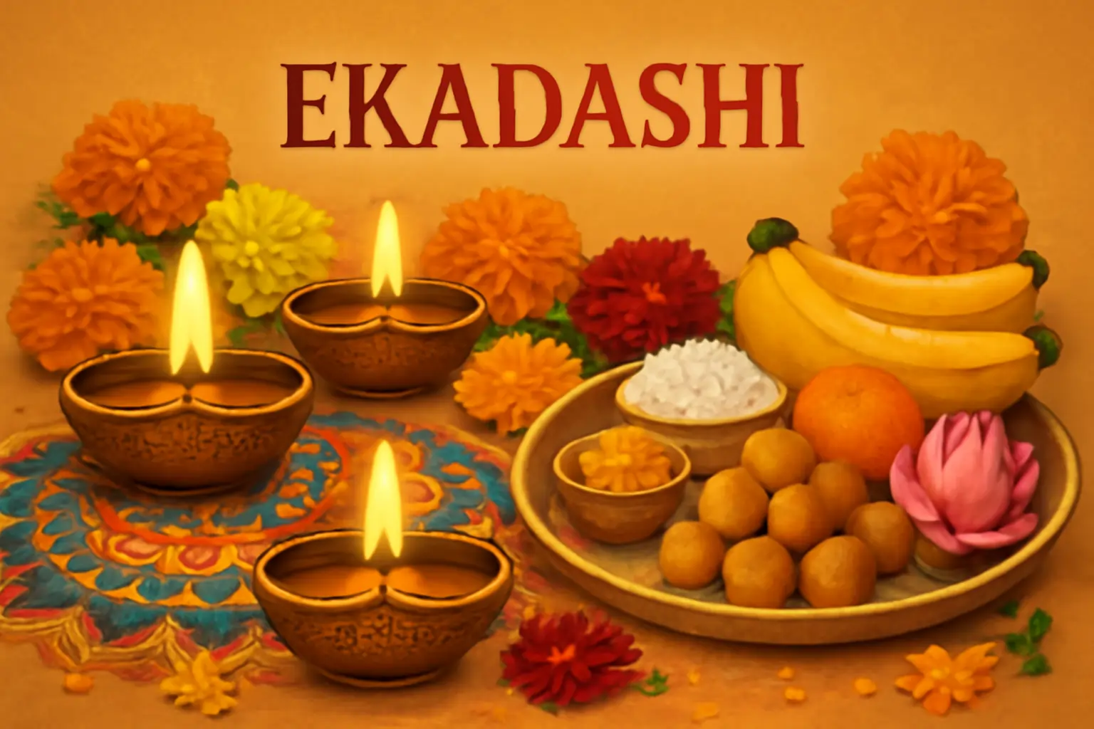 Brass diyas glow beside flowers and prasad plate with bananas, laddus, sabudana, lotus.