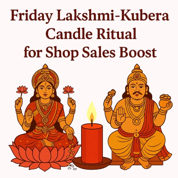Illustration of Lakshmi and Kubera with a lit candle for a prosperity ritual.