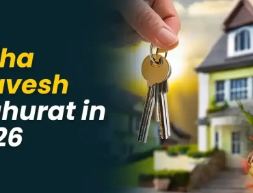 Hand holding house keys near modern home and Kalash pot, text reads “Griha Pravesh Muhurat 2026.”