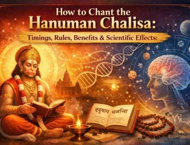 Lord Hanuman reading scripture with scientific symbols and brain imagery illustrating the spiritual and scientific effects of chanting the Hanuman Chalisa.