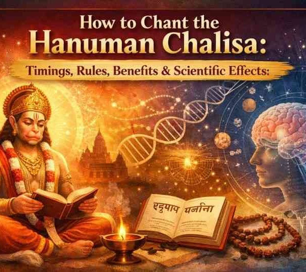 Lord Hanuman reading scripture with scientific symbols and brain imagery illustrating the spiritual and scientific effects of chanting the Hanuman Chalisa.