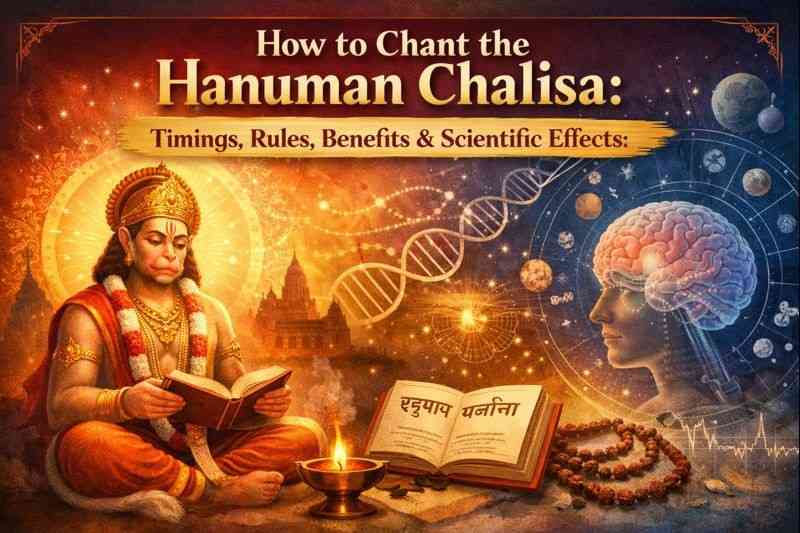 Lord Hanuman reading scripture with scientific symbols and brain imagery illustrating the spiritual and scientific effects of chanting the Hanuman Chalisa.