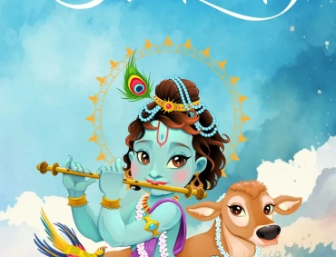 Illustration of Lord Krishna as a child with a flute and cow, celebrating Janmashtami on 16 August 2025