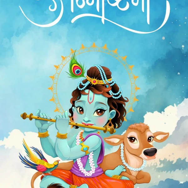 Illustration of Lord Krishna as a child with a flute and cow, celebrating Janmashtami on 16 August 2025