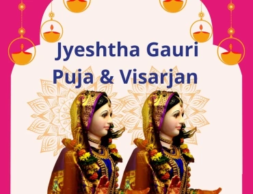 Two decorated idols of Goddess Gauri during Jyeshtha Gauri Puja with festive background, representing the traditional Maharashtrian celebration.
