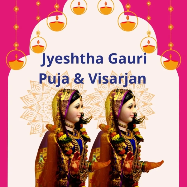 Two decorated idols of Goddess Gauri during Jyeshtha Gauri Puja with festive background, representing the traditional Maharashtrian celebration.
