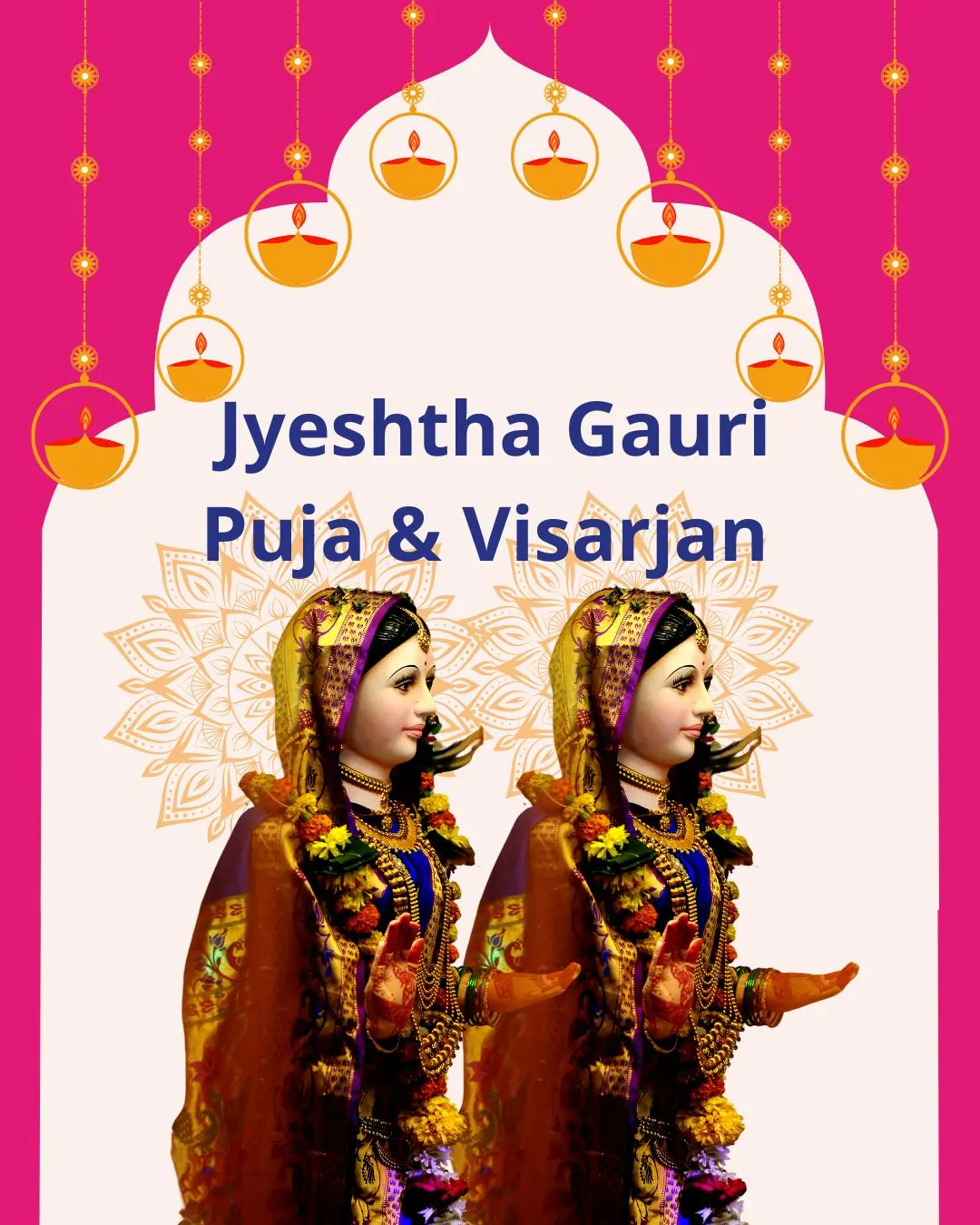 Two decorated idols of Goddess Gauri during Jyeshtha Gauri Puja with festive background, representing the traditional Maharashtrian celebration.