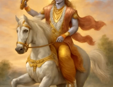 Blue-skinned deity rides a rearing white horse, holding a blazing sword at sunrise