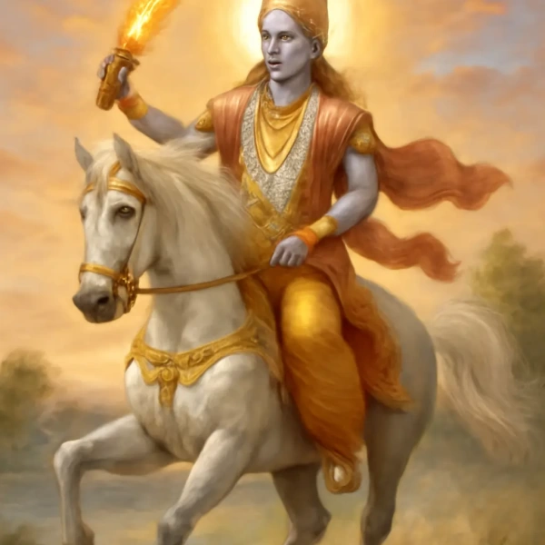 Blue-skinned deity rides a rearing white horse, holding a blazing sword at sunrise