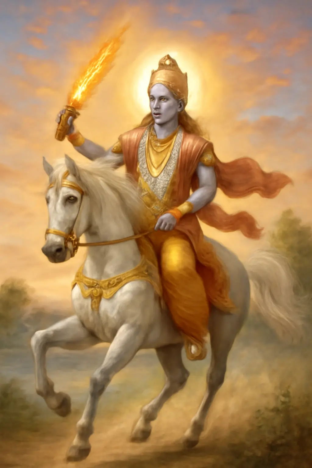 Blue-skinned deity rides a rearing white horse, holding a blazing sword at sunrise