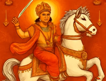 Vibrant illustration of Kalki, Vishnu’s prophesied avatar, riding a white horse with sword, surrounded by lamps.