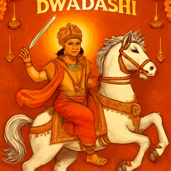 Vibrant illustration of Kalki, Vishnu’s prophesied avatar, riding a white horse with sword, surrounded by lamps.