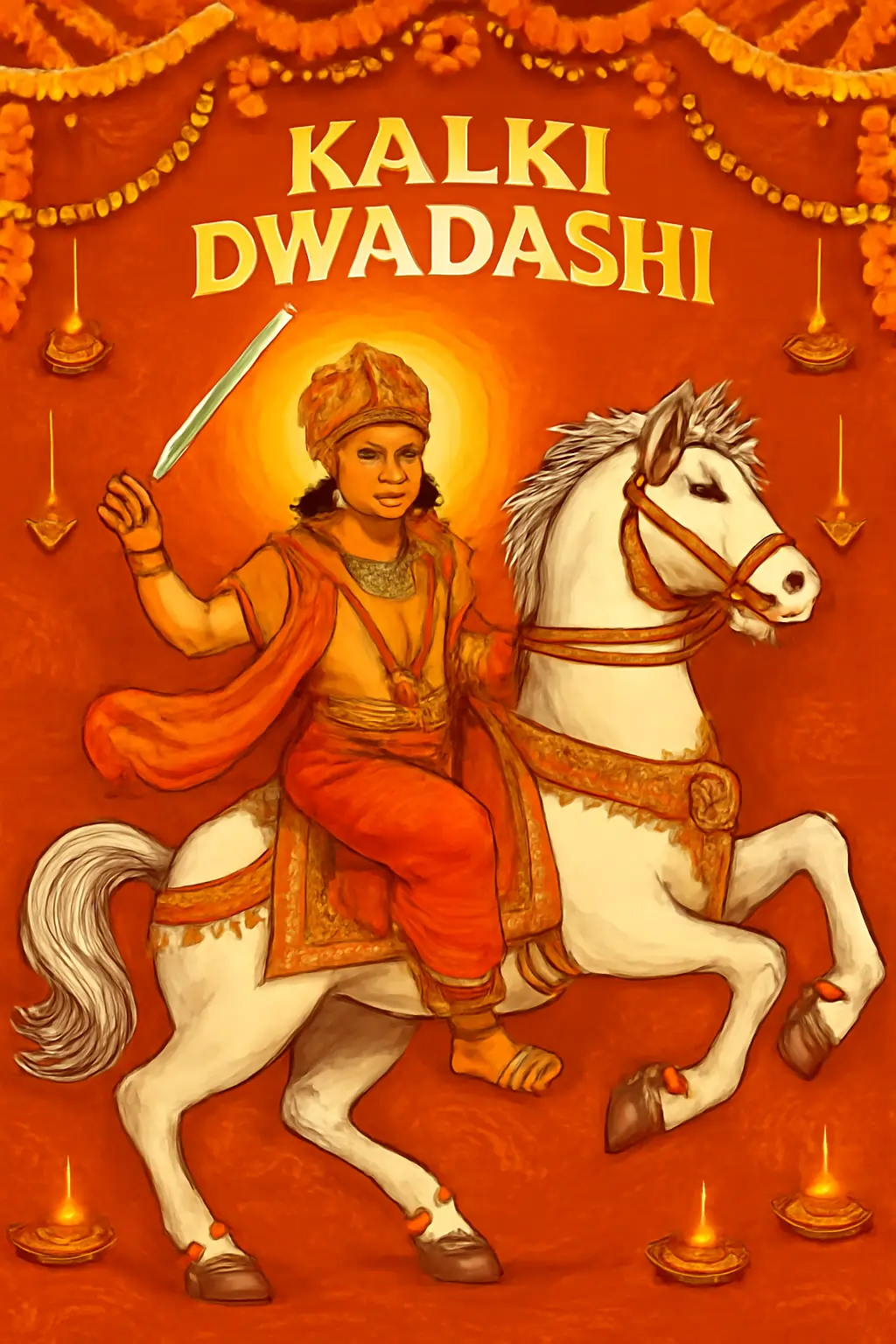 Vibrant illustration of Kalki, Vishnu’s prophesied avatar, riding a white horse with sword, surrounded by lamps.