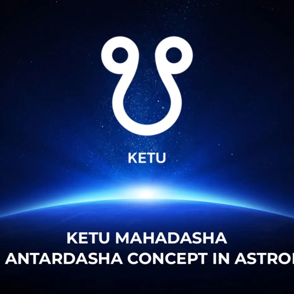 White Ketu symbol above glowing horizon in deep space, with text “Ketu Mahadasha” below.
