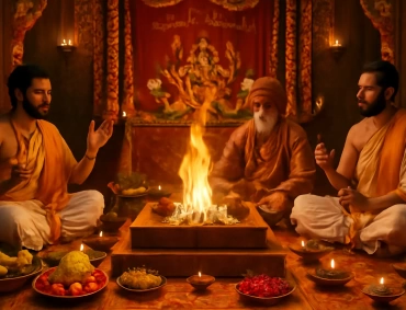 Sacred Vedic fire ritual with priests offering prayers, fruits, flowers, and lamps around blazing havan.