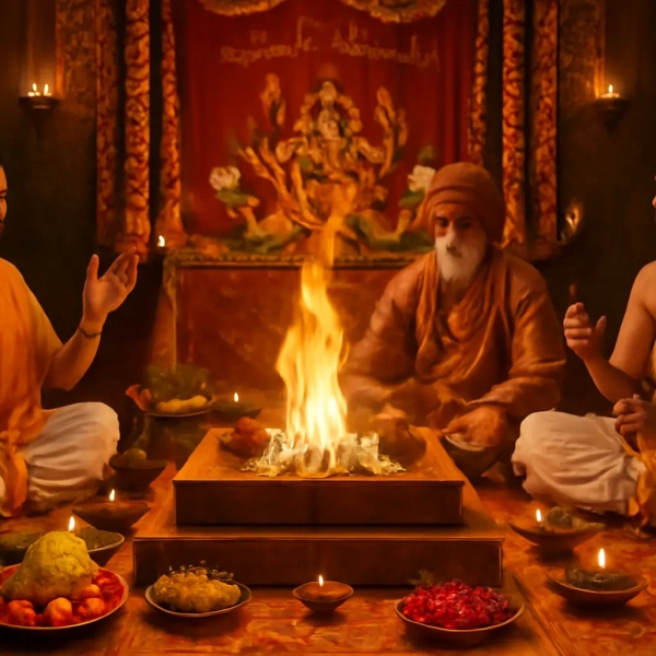 Sacred Vedic fire ritual with priests offering prayers, fruits, flowers, and lamps around blazing havan.
