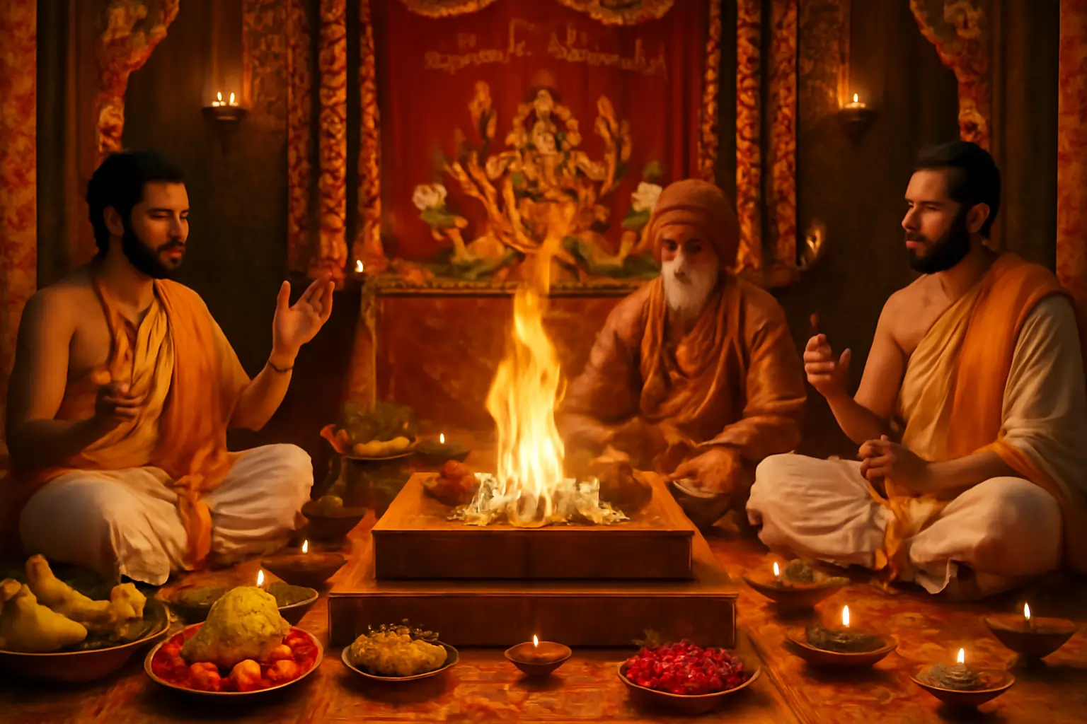 Sacred Vedic fire ritual with priests offering prayers, fruits, flowers, and lamps around blazing havan.
