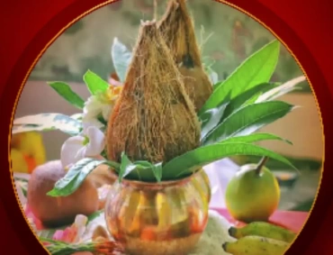 Illustrated bride and groom in traditional attire circle sacred tree, holding hands beside decorated kalash.