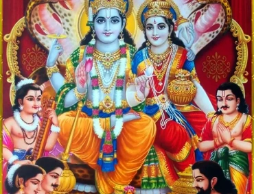 Lakshmi and Vishnu seated on Shesha, richly adorned, surrounded by devotees performing ritual offerings.