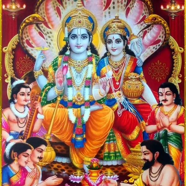 Lakshmi and Vishnu seated on Shesha, richly adorned, surrounded by devotees performing ritual offerings.