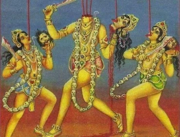 Headless goddess Chhinnamasta holds severed head; three blood streams feed attendants, adorned with skull garlands.