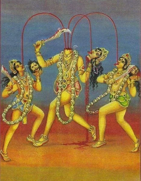 Headless goddess Chhinnamasta holds severed head; three blood streams feed attendants, adorned with skull garlands.