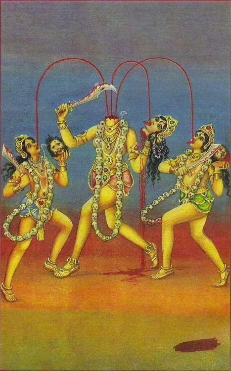 Headless goddess Chhinnamasta holds severed head; three blood streams feed attendants, adorned with skull garlands.