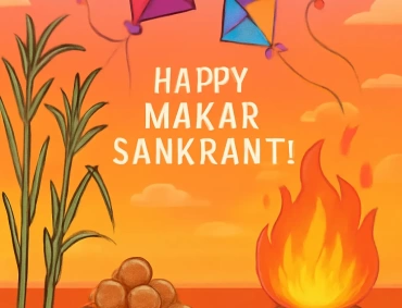 Vibrant Makar Sankranti greeting with colorful kites, bonfire, sugarcane stalks, and tilgul laddus against an orange sunset sky celebrating the harvest festival.