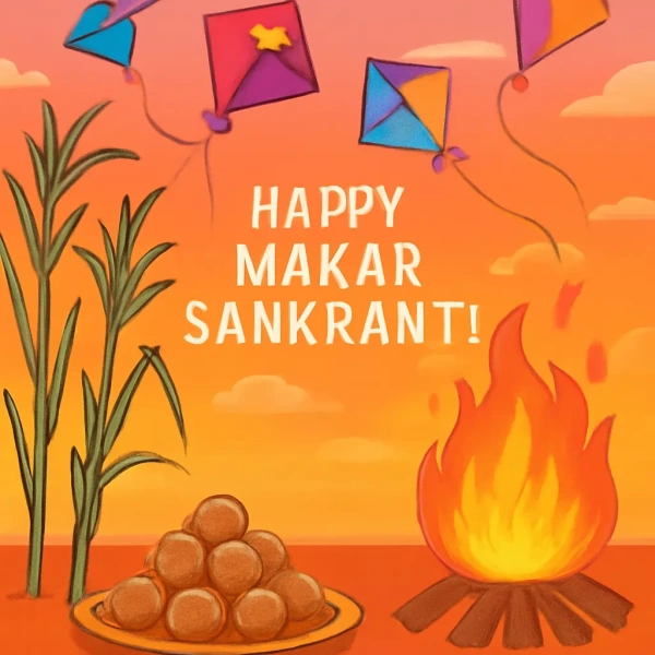Vibrant Makar Sankranti greeting with colorful kites, bonfire, sugarcane stalks, and tilgul laddus against an orange sunset sky celebrating the harvest festival.