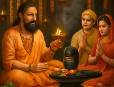 Priest performs Shiva lingam puja with couple praying, oil lamps glowing, offerings of fruits and flowers.