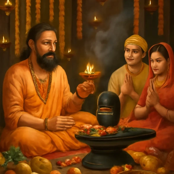 Priest performs Shiva lingam puja with couple praying, oil lamps glowing, offerings of fruits and flowers.