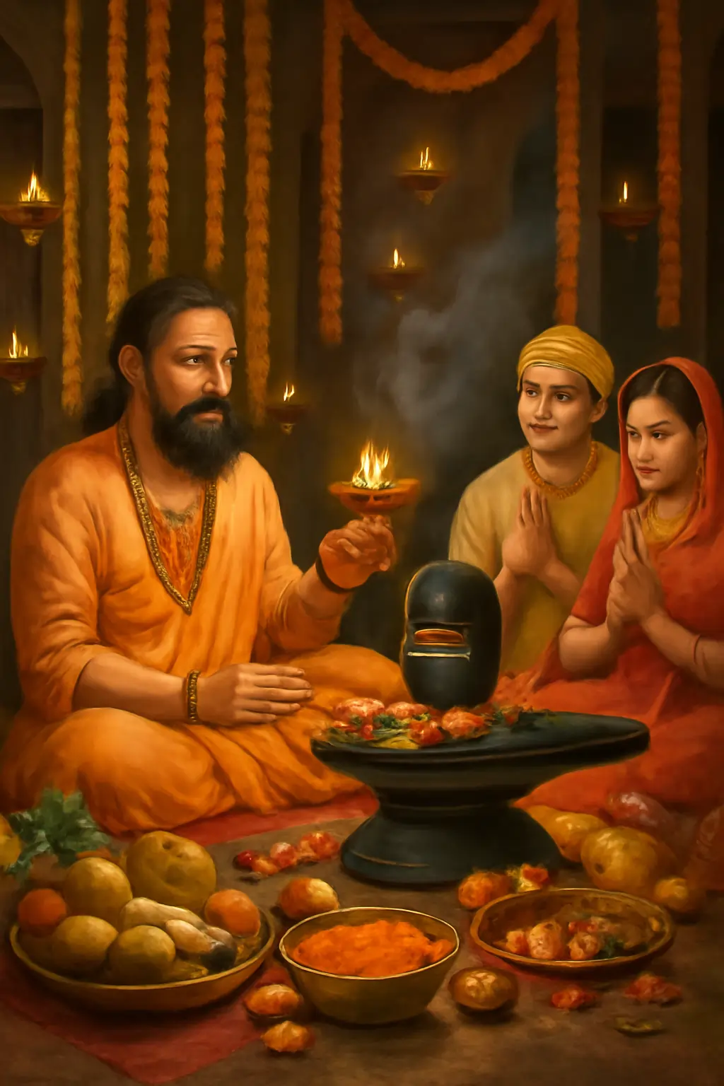 Priest performs Shiva lingam puja with couple praying, oil lamps glowing, offerings of fruits and flowers.