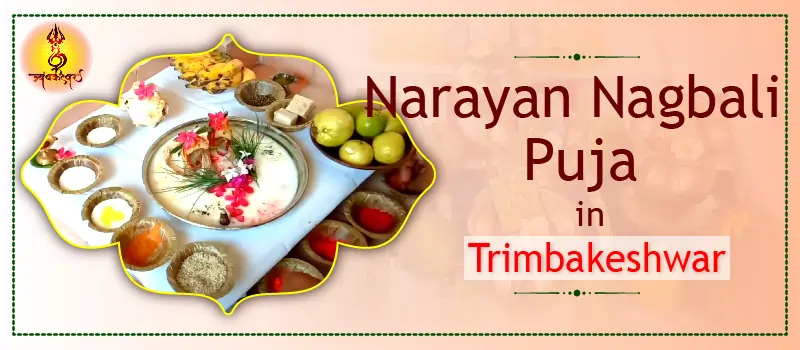 Narayan Nagbali Puja arrangement with kalash, offerings, fruits, and powders, highlighted text: Trimbakeshwar.